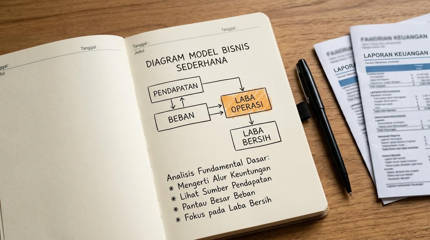 Buku catatan terbuka berisi diagram model bisnis dan rasio keuangan sederhana.