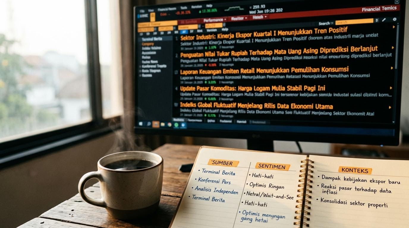 Layar terminal berita keuangan dengan beberapa headline pasar saham Indonesia.