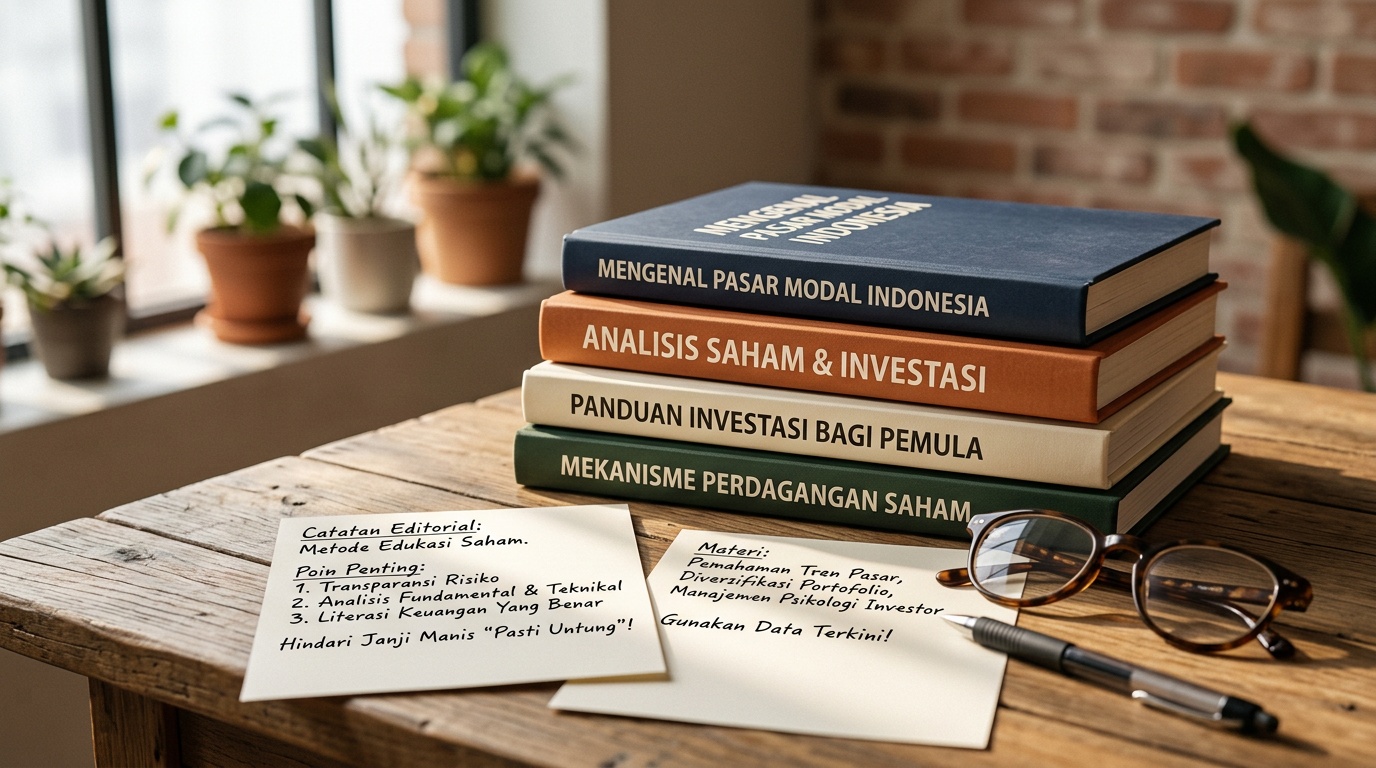 Beberapa buku referensi pasar modal Indonesia ditumpuk dengan pena dan kacamata baca.