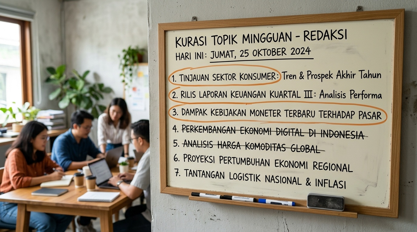 Papan tulis kantor berisi daftar topik kandidat ulasan mingguan.