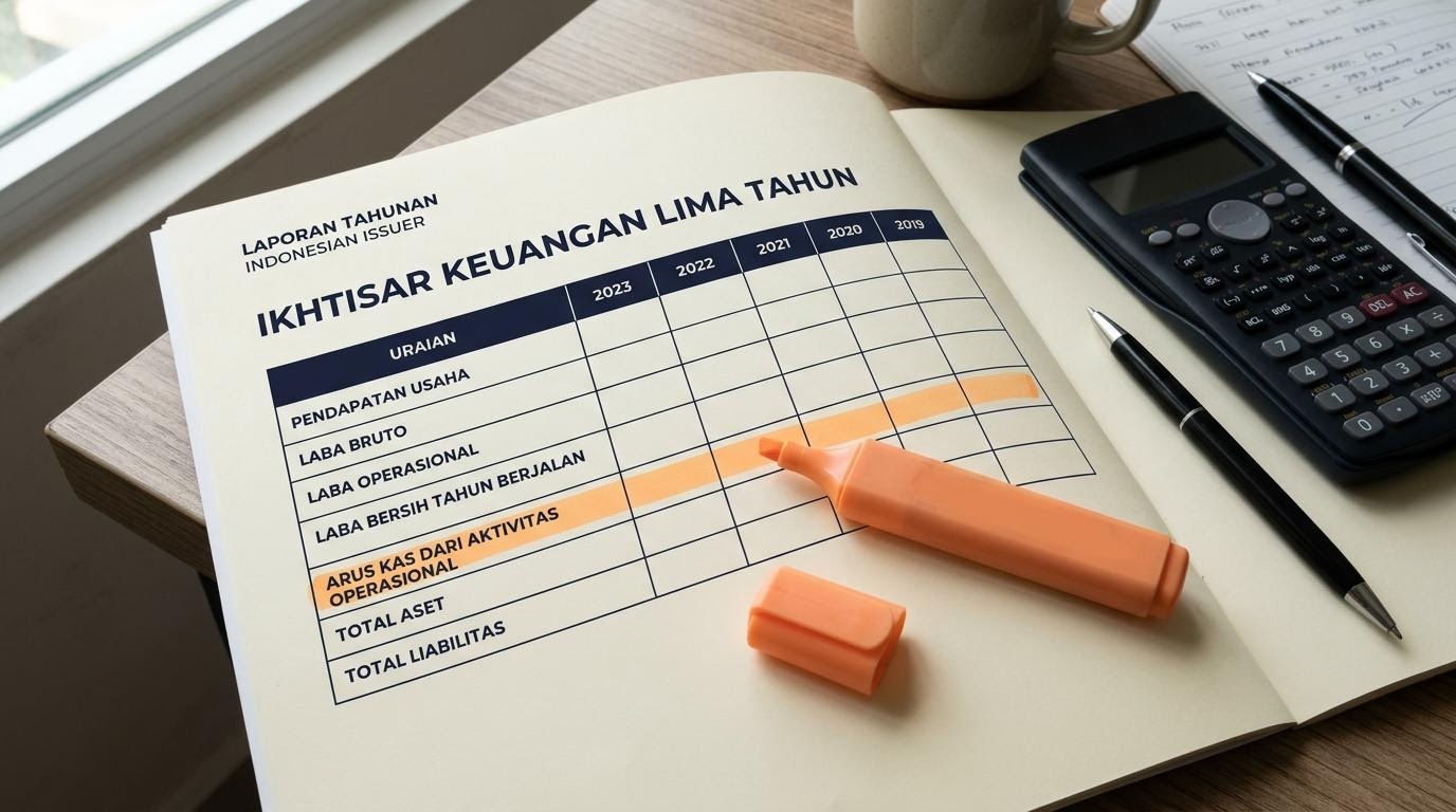 Halaman laporan keuangan tahunan emiten Indonesia disorot dengan stabilo dan kalkulator.