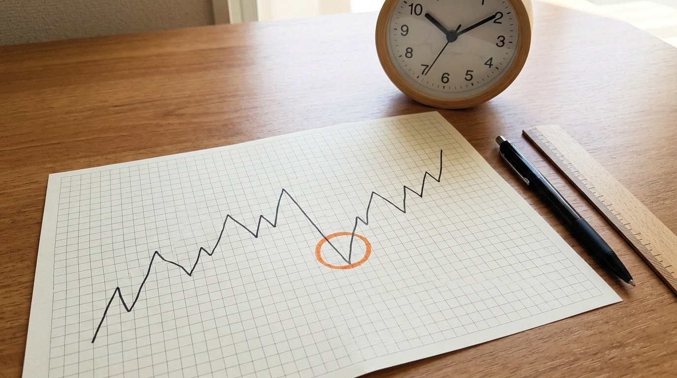 Diagram garis volatilitas indeks saham digambar tangan dengan pena di atas kertas grafik.